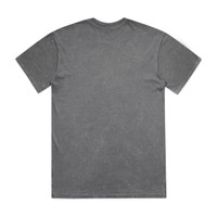 A grey stone wash heavy tee with a relaxed fit, featuring a logo on the back.
