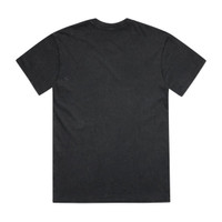 A black heavy tee with a casual design and a visible logo on the back.