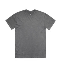 A grey heavy t-shirt with a round neck and short sleeves, featuring a logo in the collar area.