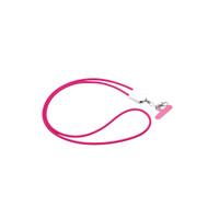 A pink 4-in-1 charging phone lanyard with a white attachment and a clip for secure holding.