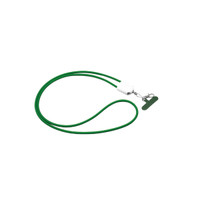 A green lanyard with a white connector and a clip for attachments.