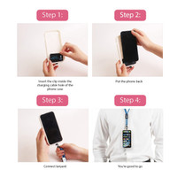 A four-step guide featuring a blue lanyard and a phone charging clip for the 60W 4-in-1 Charging Phone Lanyard.
