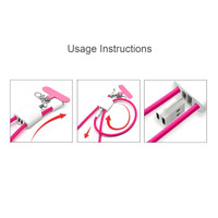 A pink 4-in-1 charging phone lanyard with USB connections and instructions for use. It includes a clip and adjustable cord.