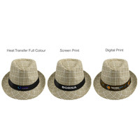 A breathable woven straw hat in beige with different band designs. Each hat features a logo on the band.