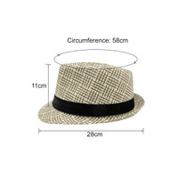 A breathable woven straw hat in tan and white with a black band, featuring measurements for size and dimensions.