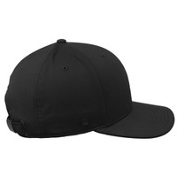 A black six-panel cap with a curved brim, featuring a logo on the back and an adjustable strap.