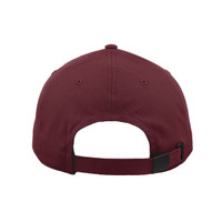 A maroon classic 6 panel cap featuring an adjustable strap at the back and a brand logo.