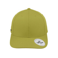A yellow six-panel cap with a curved brim and a branded tag on the side.