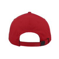 A red classic 6-panel cap featuring a buckle closure at the back and a plain design.