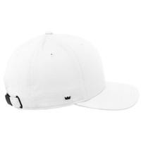 A white classic 6 panel cap featuring a back adjustable strap and a small logo on the side.
