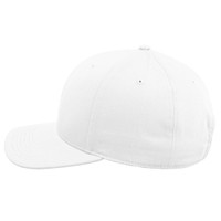A white classic 6 panel cap featuring a curved brim and a sweatband, with a logo on the side.