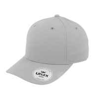 A grey classic 5 panel cap with a curved brim and a logo on the side.