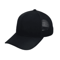 A black trucker cap featuring a solid front panel and mesh back, with a logo on the front.