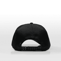 A black trucker cap featuring a mesh back and a plastic adjustable strap. The cap has a logo on the back.