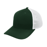 A green and white trucker cap with a solid front panel and mesh back, featuring a minor logo on the front.