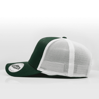 A green trucker cap with a white mesh back, featuring a logo on the side.