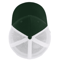 A green and white trucker cap featuring a mesh back and a rounded crown. It has a logo on the front.