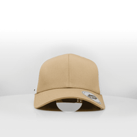 A tan trucker cap with a curved brim and a logo on the side.