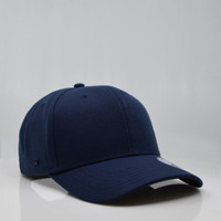 A navy blue six-panel snapback cap with a logo displayed on the side.