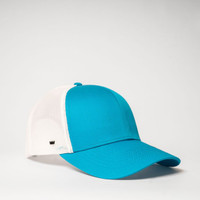 A turquoise and white six-panel trucker cap with a mesh back and a logo on the side.