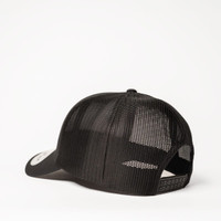 A black trucker cap with a six-panel design and a mesh back, featuring a branding logo.