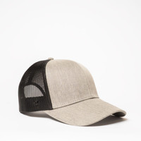 A grey and black trucker cap with a mesh back and a curved brim, featuring a logo.