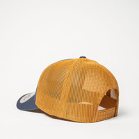 A trucker cap featuring a navy front panel and a yellow mesh back, including an adjustable strap and a logo.
