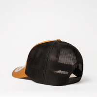 A brown and black trucker cap featuring a mesh back and a curved peak, with a logo on the side.