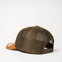A trucker cap featuring an orange front panel and olive green mesh back with an adjustable strap.