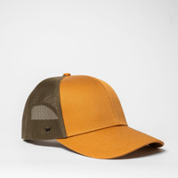 A yellow and olive green six-panel trucker cap featuring a mesh back and a logo.