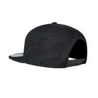 A black snapback cap featuring a branding logo on the side, viewed from the back.