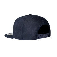 A navy snapback cap featuring a branding logo on the side, viewed from the back.