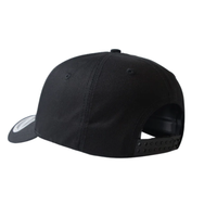 Black snapback cap with adjustable back closure.