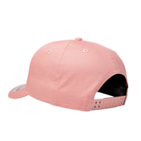 Pink snapback hat with adjustable strap and flat brim.