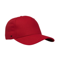 A red five-panel snapback cap with a structured design and a subtle logo.