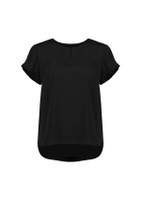 A black short sleeve blouse with a round neckline and rolled sleeves, featuring a slight drop hem and a logo.