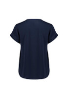 A navy short sleeve blouse with a relaxed fit and rolled sleeves, featuring a solid design and no visible branding.