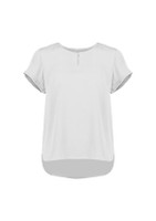 A light grey short sleeve blouse with a round neckline and a slightly longer back hem. It features rolled sleeves and has a logo.