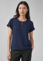 A navy blue women's short sleeve blouse with a keyhole neckline, featuring a relaxed fit and cuffed sleeves.