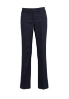A pair of dark navy relaxed pants with a straight leg and front pockets. The pants feature a button closure and a logo.