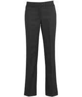 A pair of black relaxed pants with a fitted waist and flared leg, featuring a logo. Suitable for casual wear.