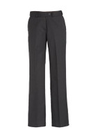 Grey women's adjustable waist slacks with a straight leg style, featuring pockets and a button closure.