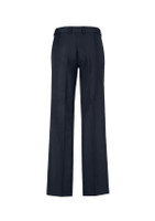 A pair of navy women's adjustable waist pants with a straight leg cut, featuring a back view.