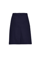 A navy cargo skirt with a waistband and front button closure, featuring a simple design and straight silhouette.