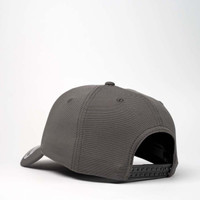 A grey recycled cap with a curved brim, featuring an adjustable strap and a logo on the side.