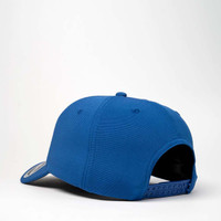 A blue recycled cap featuring a curved brim and a snapback closure, with a logo on the side.