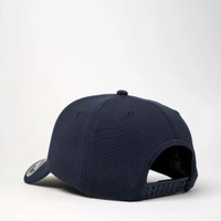 A navy blue recycled cap featuring a curved brim and a snapback closure, with a logo on the side.