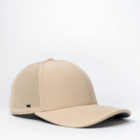 Beige mesh baseball cap on white background.