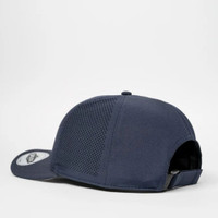 Navy blue mesh baseball cap rear view with adjustable strap.
