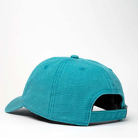 Teal baseball cap with adjustable strap viewed from the back.